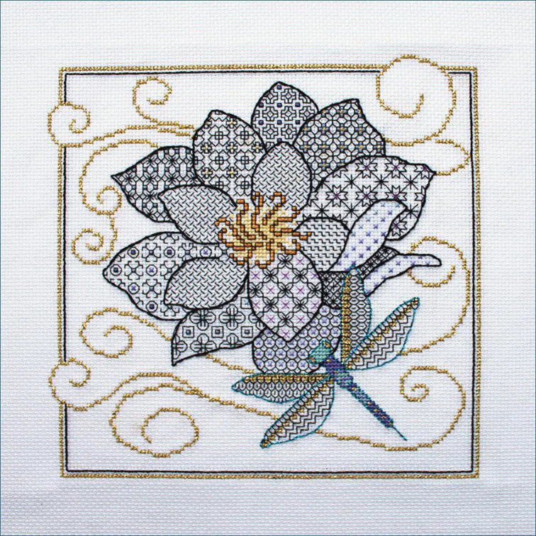 Blackwork Flower and Dragonfly Pattern