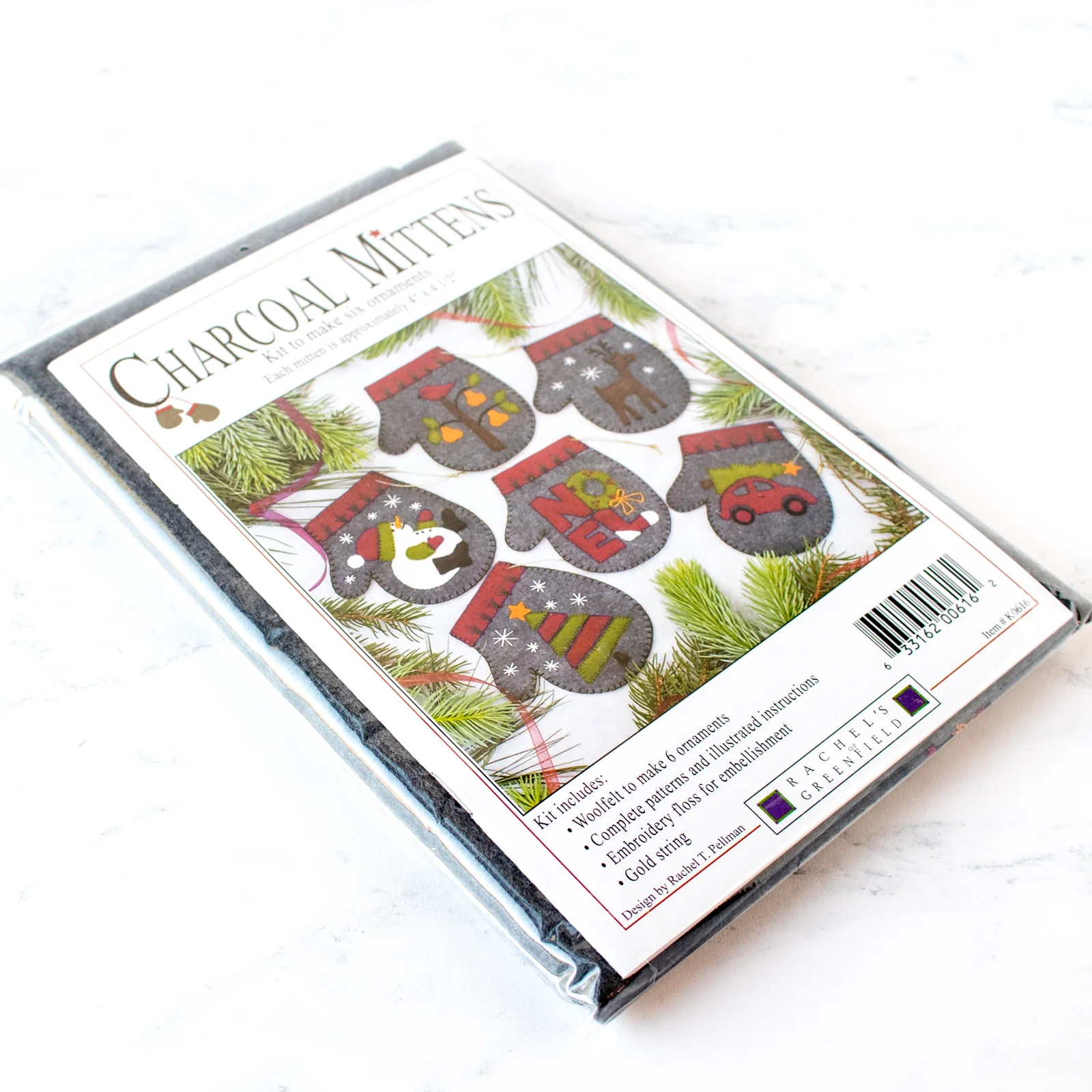 Charcoal Mitten Ornament Wool Felt Appliqué Kit - Image 2