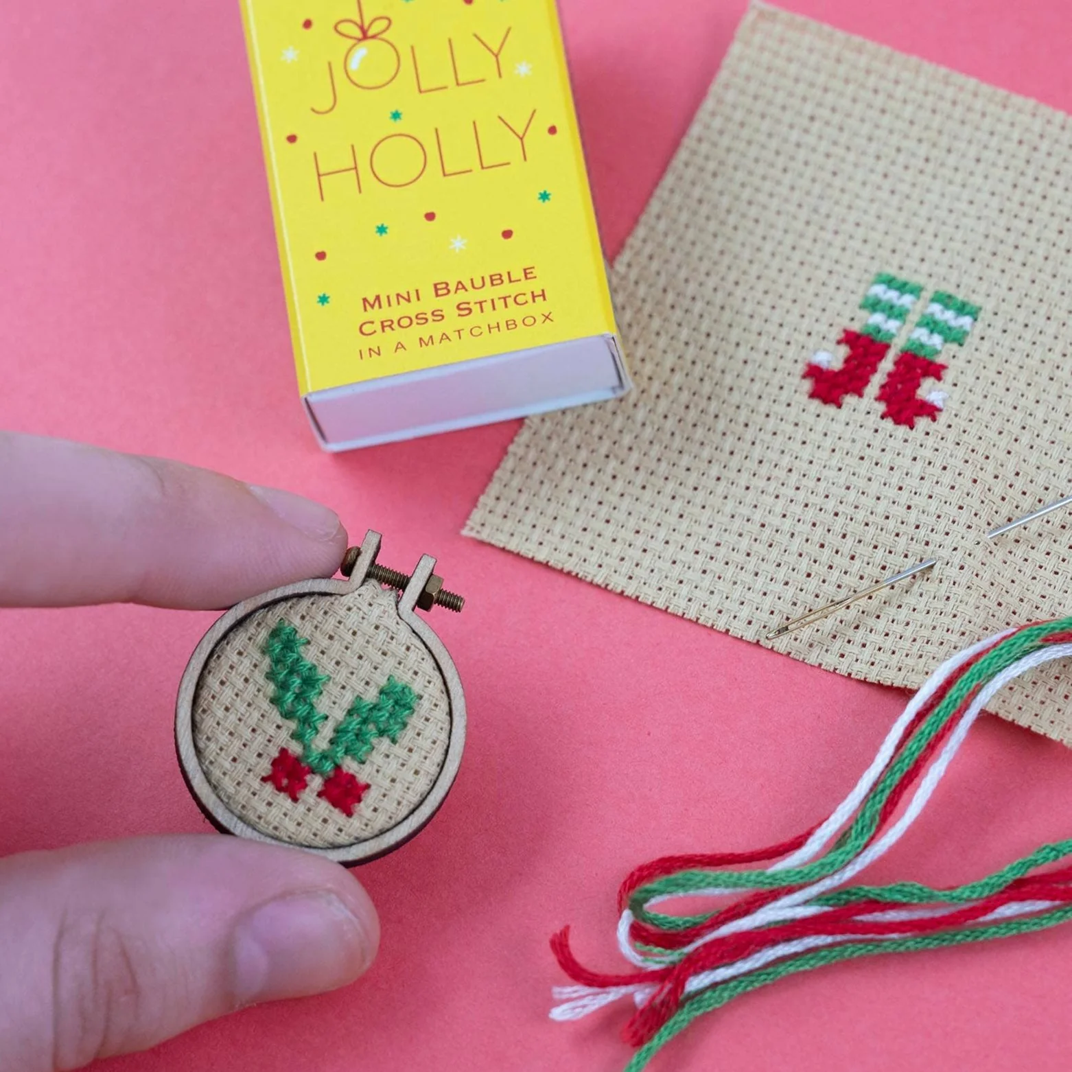 Christmas Bauble Jolly Holly cross stitch hoop In A Matchbox