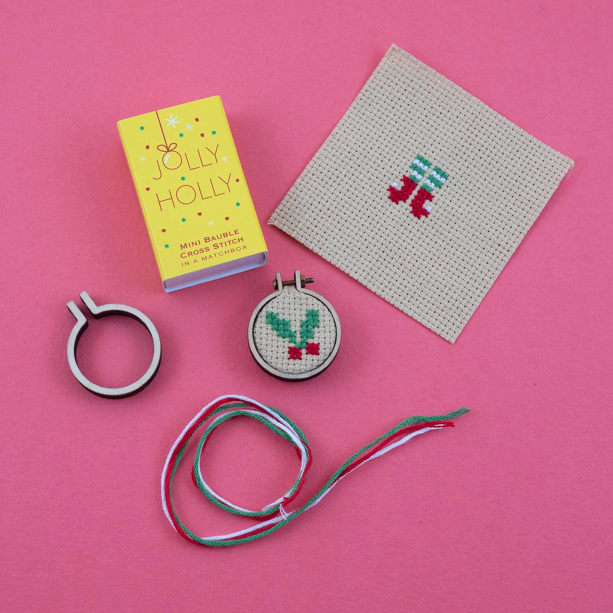 Christmas Bauble Jolly Holly cross stitch hoop In A Matchbox - Image 6