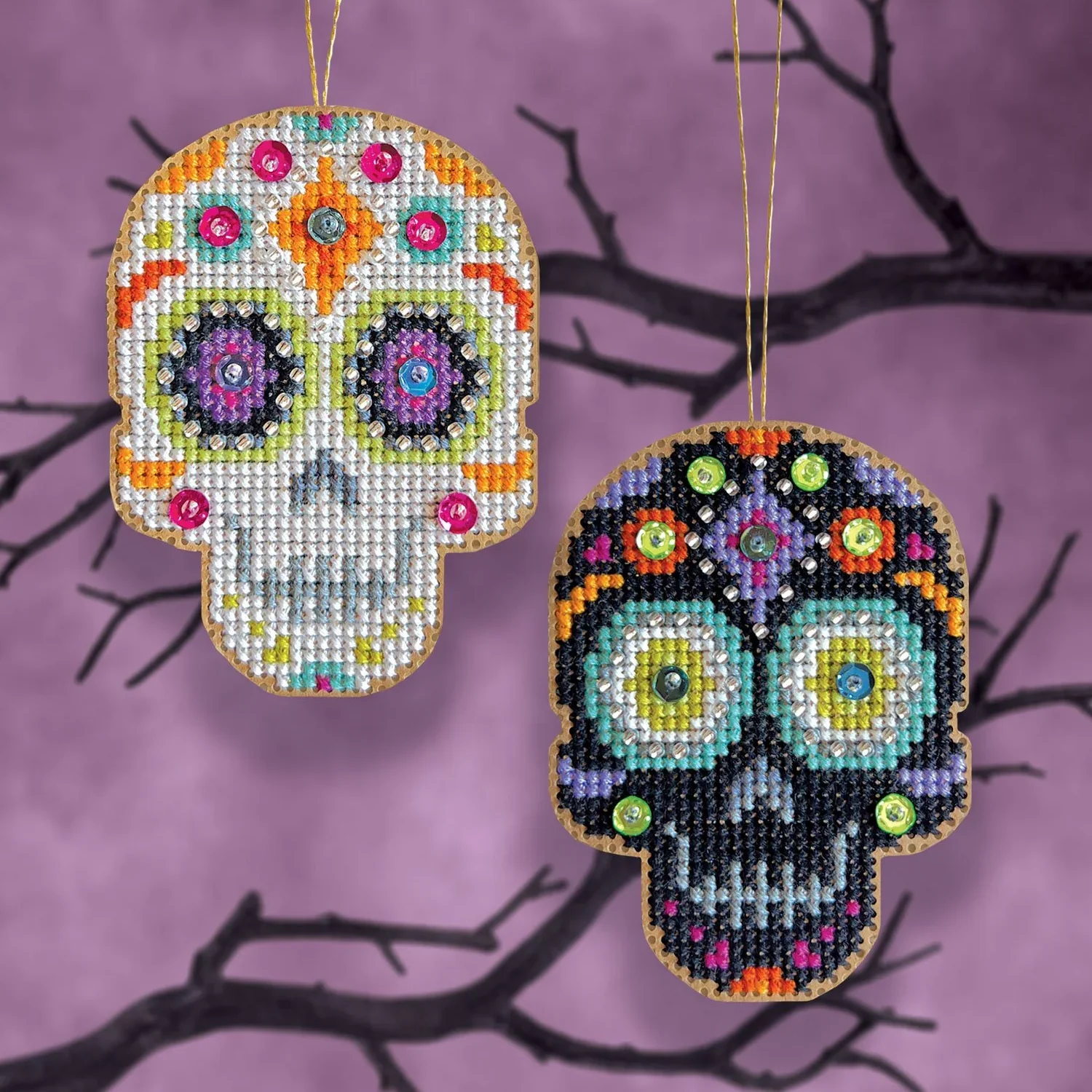Cross Stitch Halloween Ornament Kit - Boo'tiques Skulls