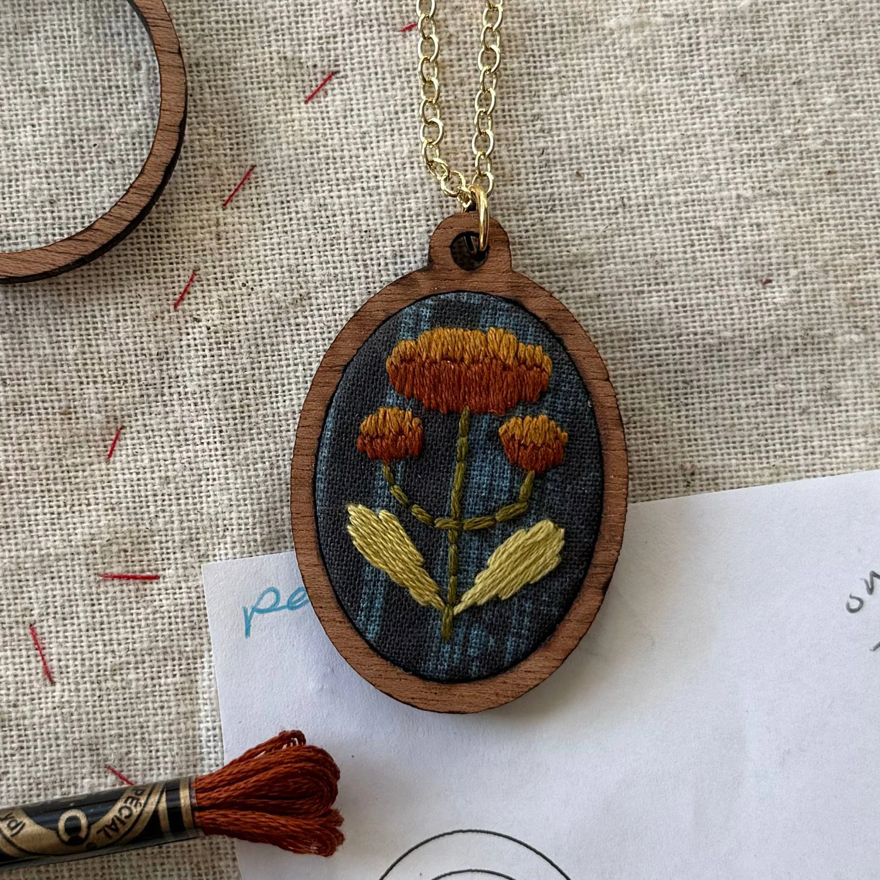Hand Embroidery Necklace Kit - Folk Flowers