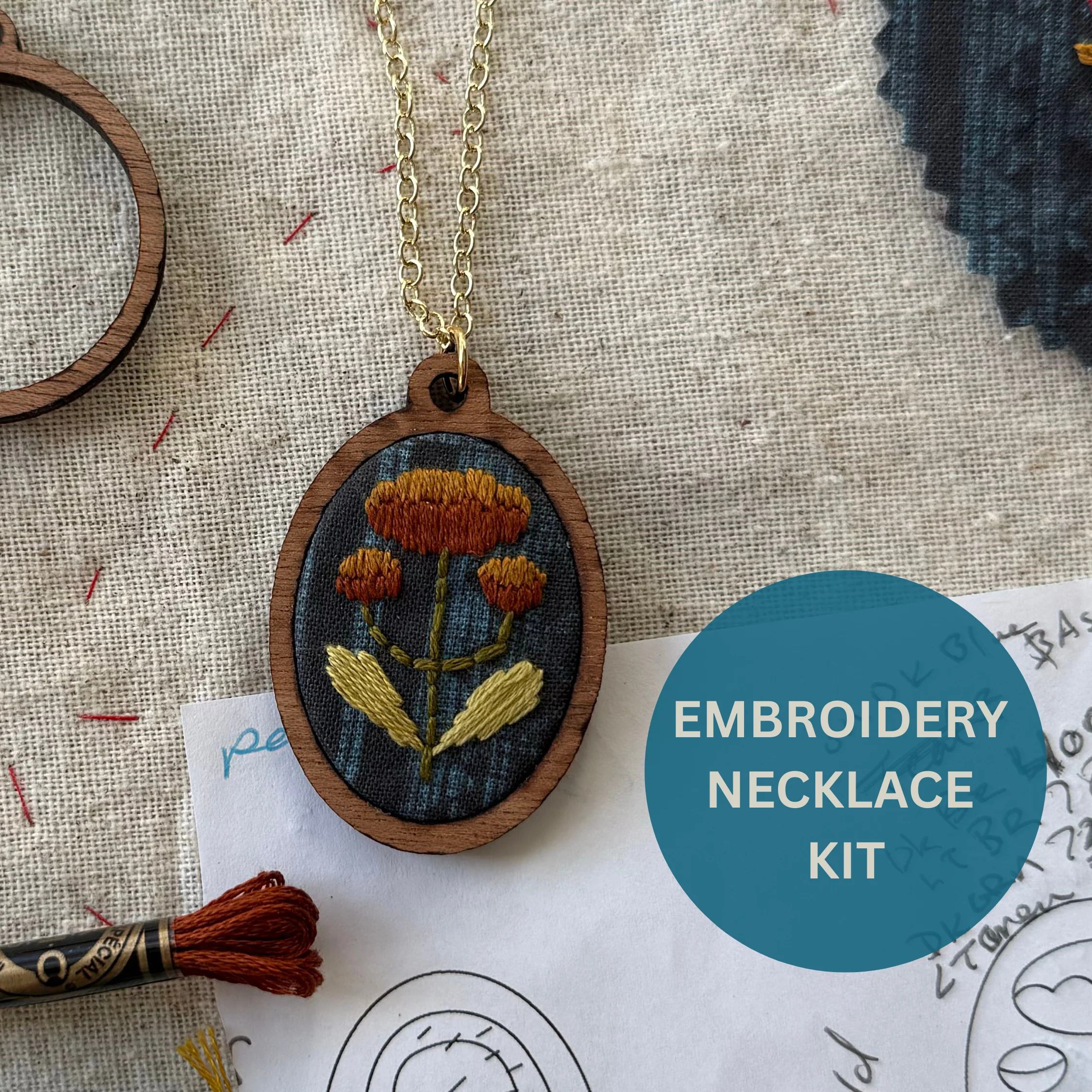 Hand Embroidery Necklace Kit - Folk Flowers - Image 3