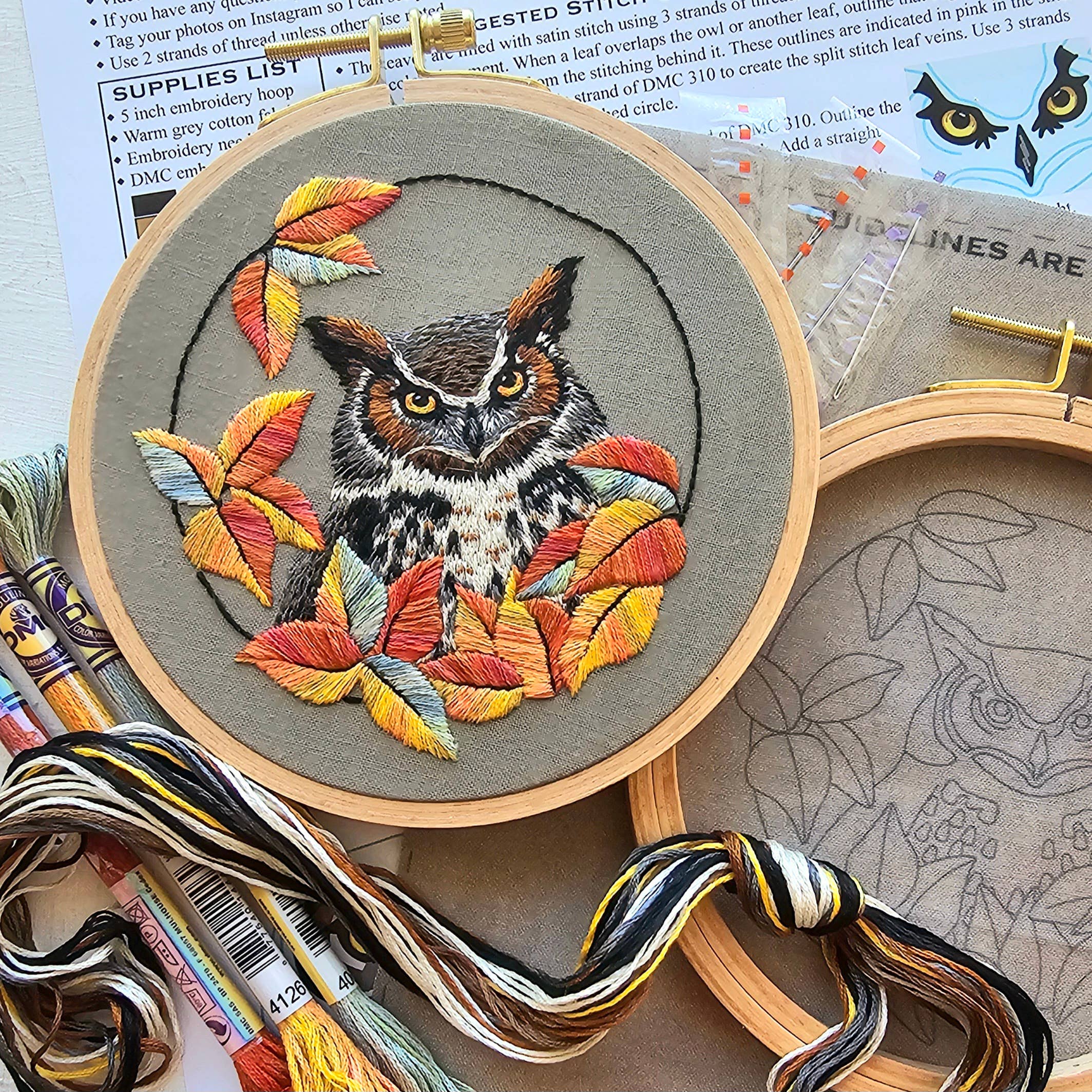 Great Horned Owl Hand Embroidery Kit - Image 3