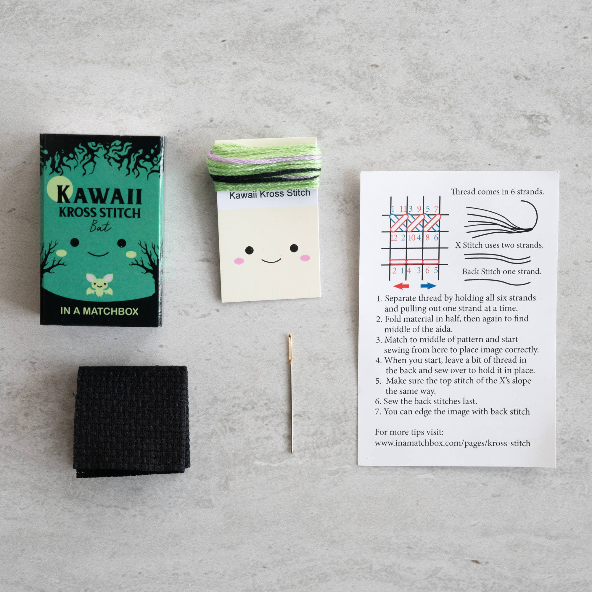Kawaii Halloween Bat Mini Cross Stitch Kit in a Matchbox - Image 3