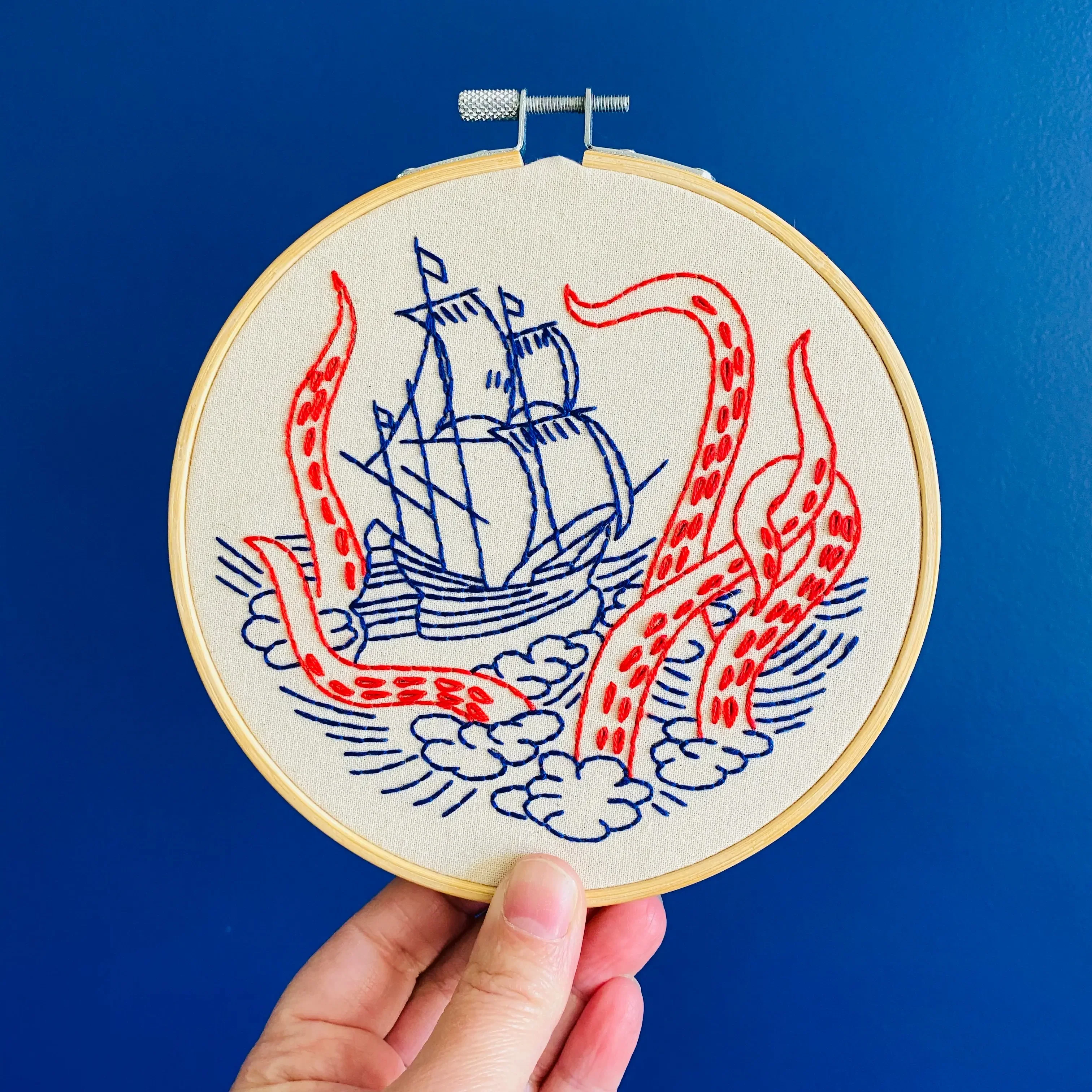 Kraken and Ship Hand Embroidery Kit - Image 2