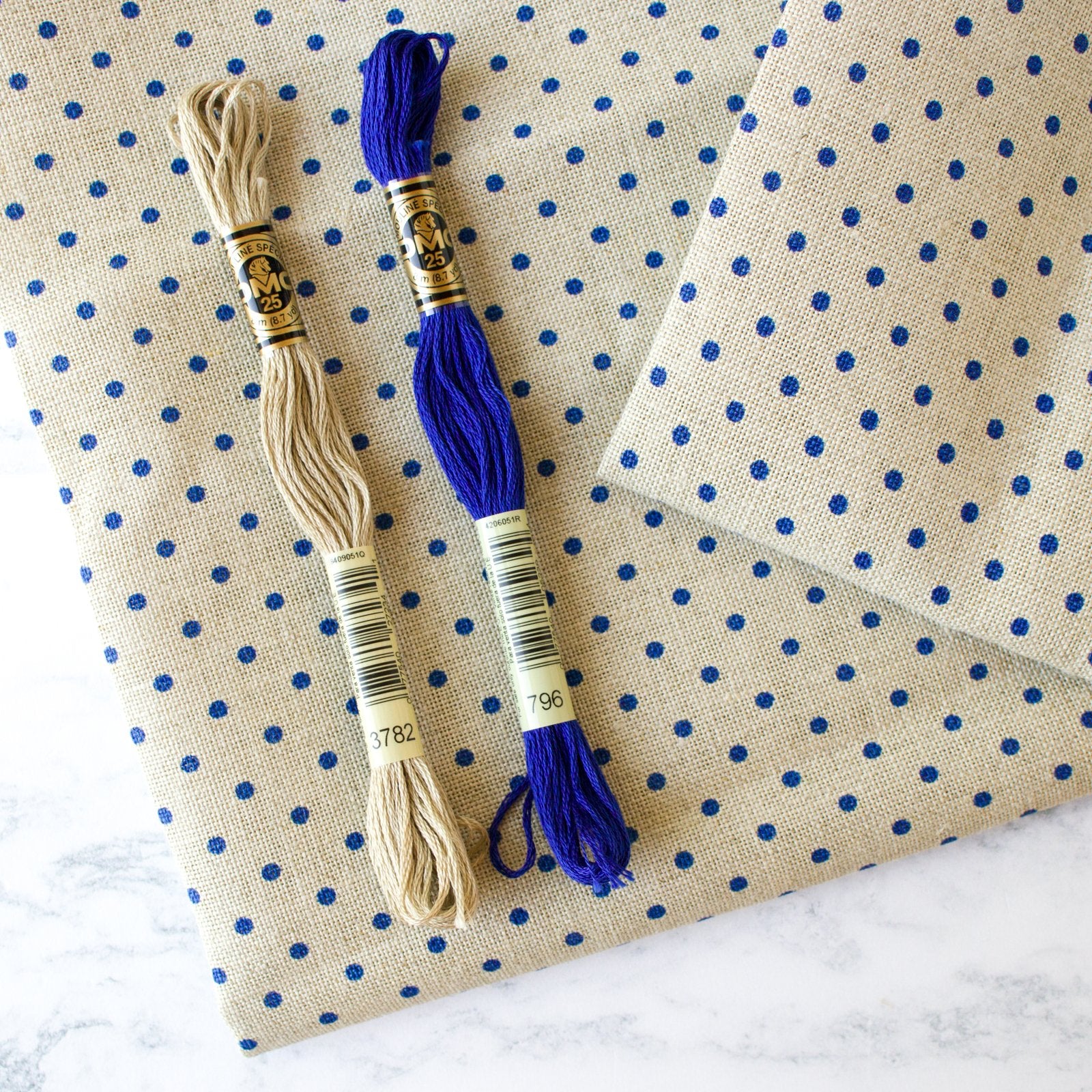 Natural/Blue Polka Dot Linen Fabric - 32 Count - Image 3