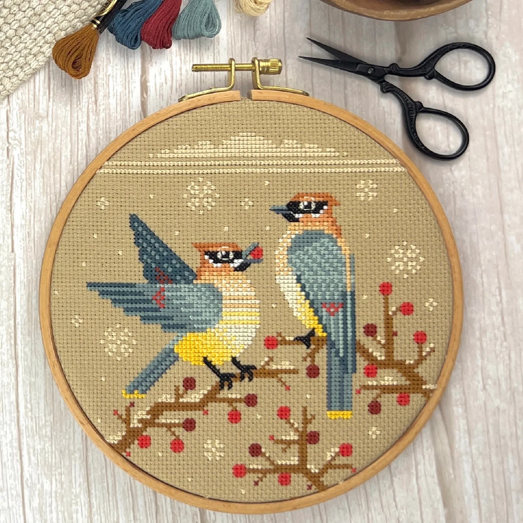Wintry Waxwings Cross Stitch Pattern